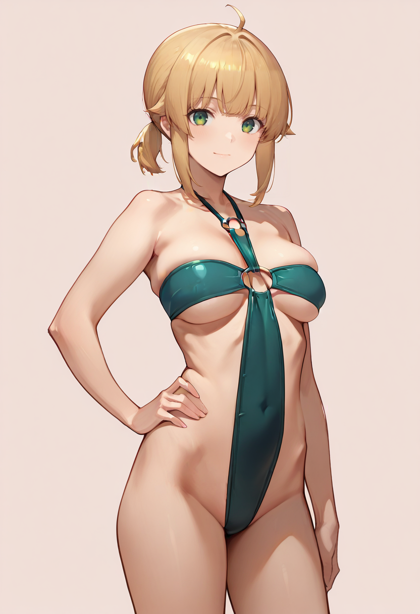 masterpiece, best quality,
1girl, solo, cowboy shot,
standing, hand on own hip,
looking at viewer, light smile,
<lora:Norn_Greyrat:1> N0rnGr31r4t, blonde hair, ahoge, sidelocks, bangs, short hair, ponytail, green eyes, 
simple background, pink background,           <lora:Cross_Swimsuit:1> Cr055_5w1ms01t, o-ring swimsuit, skindentation,
