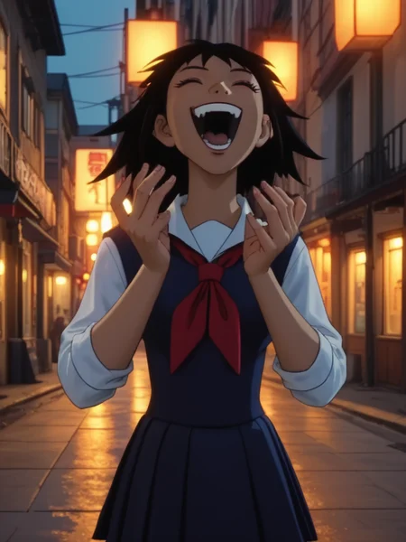 score_9, score_8_up, score_7_up, volumetric lighting,
mikotezumi, 1girl, solo, smile, open mouth, skirt, black hair, school uniform, closed eyes, laughing
<lora:teentitans_pony_v1:0.8>