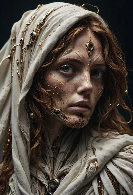 Super Closeup Portrait, Create a DARK dystopian description capturing the essence of a freckled cyborg woman in a close-up photograph, featuring real human DARK white eyes with an intense gaze. The subject has long flowing hair, draped in a ghostly white star wars linen cloak billowing in the wind. The face is a striking fusion of half-cyborg with intricately crafted gold elements and half-human skin, creating a mesmerizing and enigmatic presence. standing at the ocean in bright sunlight, ethereal, sunray,
very detailed, atmospheric haze, Film grain, cinematic film still, shallow depth of field, highly detailed, high budget, cinemascope, moody, epic, OverallDetail, gorgeous, 2000s vintage RAW photo, photorealistic, candid camera, color graded cinematic, eye catchlights, atmospheric lighting, skin pores, imperfections, natural, shallow dof