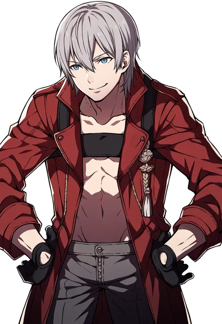 score_9, score_8_up, score_7_up, source_anime BREAK, 1boy, solo,
<lora:zs_FatesPortraitsXL:1> fatesportraits, portraits, white background
<lora:dmc3_dante_ponyXL:1> dmc3dante, grey hair, bangs, blue eyes, red coat, bandeau, black gloves, pants, smile, closed mouth, confidant, plain background, hands on hips