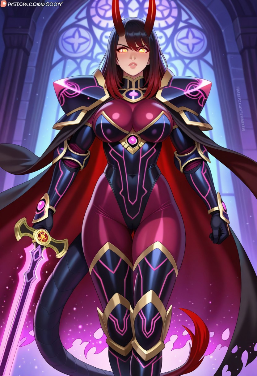 A powerful and heroic female demon knight with a curvy and muscular physique, featuring strong, well-defined legs and a voluptuous chest, wearing a full suit of elegant, enchanted dark armor that fits her form while remaining modest and functional. Her armor is adorned with glowing purple runes and intricate etchings, designed to highlight her strength and commanding presence. She has dark red horns, glowing violet eyes, bat-like wings with a starry texture, and a long spaded tail. Her long dark hair flows behind her, and she wields a massive two-handed sword glowing with arcane energy. A flowing black cape with shimmering stars drapes behind her. The background is a moody, dark gradient.