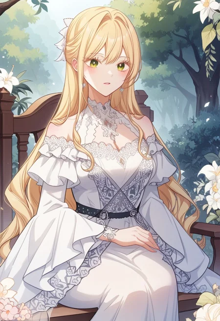 zPDXL3, score_9_up, score_8_up, score_7_up, (Anime_source), AriaRoscente, green eyes, blonde hair, long hair, white old dress, cowboy shot, blush, , outdoors, forest, sitting, parted lips