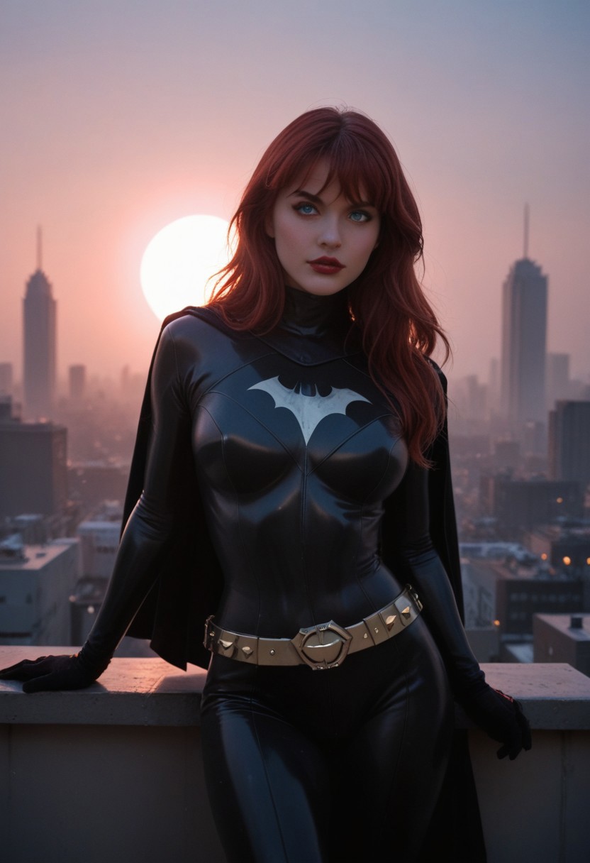 score_9, score_8_up, score_7_up, photo, vintage photo, 90's, 1990's, retro, medium shot, sexy skinny woman, playful expression, youthful face, 18 years old, medium breasts, barbara gordon, long hair, red hair, blue eyes, bodysuit, cape, gloves, belt, boots, bangs, outside, beckoning to viewer, on roof of a skyscraper, gothic modern city at midnight, full moon, vibrant neon signs, lit gothic new york skyscrapers, gargoyles, amazing lighting, sensual lighting, pink ambient light, intense rim lighting, heavy glow on hair, heavy glow on bodysuit, heavy shadows, bokeh