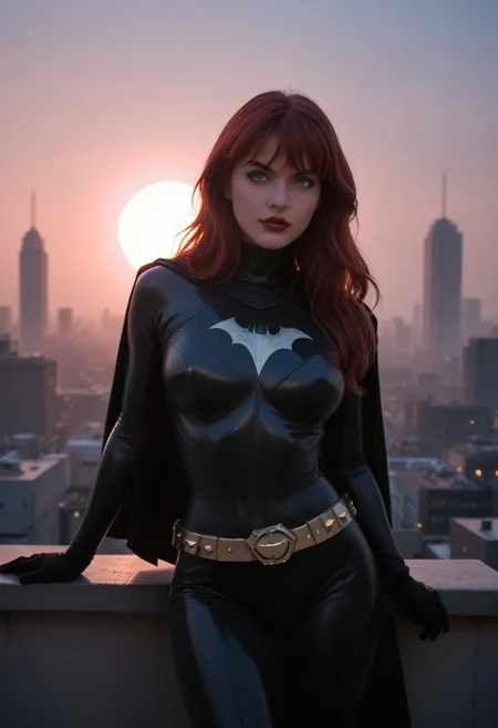 score_9, score_8_up, score_7_up, photo, vintage photo, 90's, 1990's, retro, medium shot, sexy skinny woman, playful expression, youthful face, 18 years old, medium breasts, barbara gordon, long hair, red hair, blue eyes, bodysuit, cape, gloves, belt, boots, bangs, outside, beckoning to viewer, on roof of a skyscraper, gothic modern city at midnight, full moon, vibrant neon signs, lit gothic new york skyscrapers, gargoyles, amazing lighting, sensual lighting, pink ambient light, intense rim lighting, heavy glow on hair, heavy glow on bodysuit, heavy shadows, bokeh
