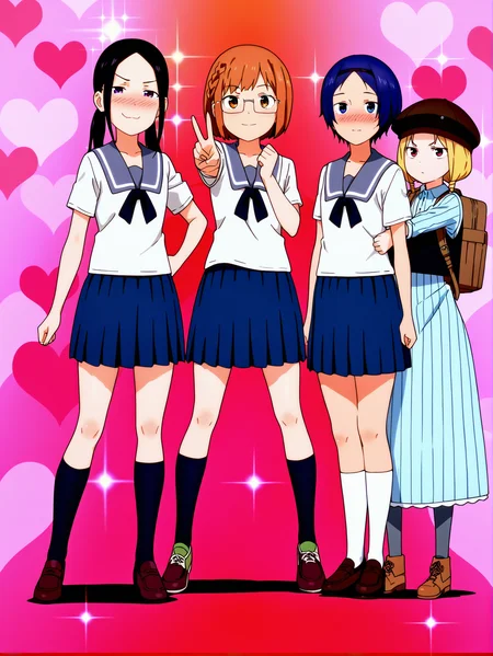 masterpiece, best quality, amazing quality, absurdres, newest, dynamic_angle, defined facial features, heart background, lineup, side-by-side,
<lora:4in1_Chio_Manana_Yuki_Chiharu_ILv0a:0.8>
BREAK 4girls,
m@nana n0nomura, blush, sparkle, full body, smug, school uniform, serafuku, black ribbon, blue pleated skirt, brown loafers, black long socks
BREAK 4girls,
chi0 miyam0, glasses, braid, short hair, school uniform, serafuku, black ribbon, blue pleated skirt, green sneakers, v, full body, pose, black long socks,
ADDCOL 4girls,
yuki-h0sokawa, school uniform, serafuku, blush, blue pleated skirt, black ribbon, brown loafers, white long socks,
ADDCOL 4girls,
chih@ru and0, blue vertical striped dress, black vest, brown cabbie hat, brown footwear, gray thighhighs, full body, brown backpack
