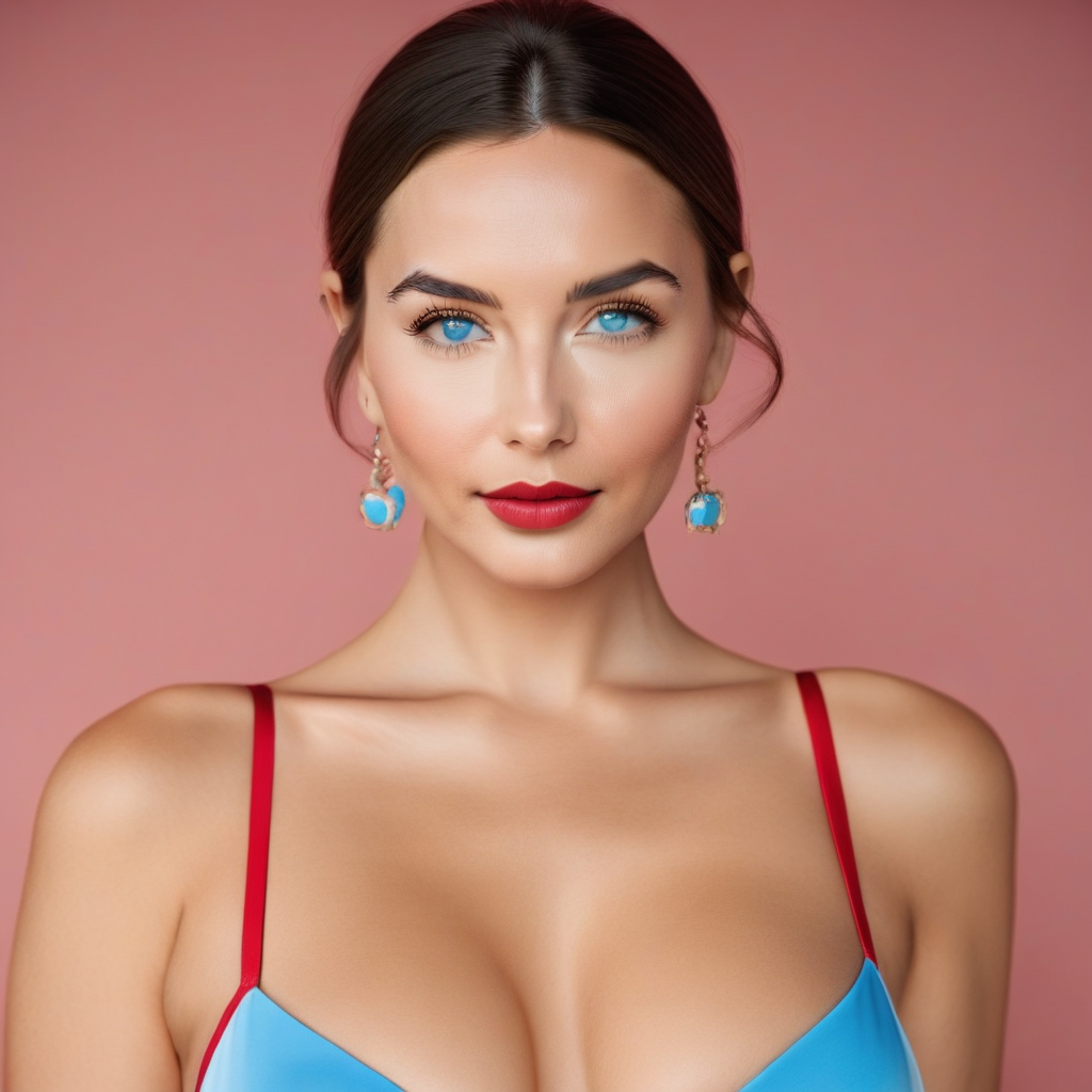 jewelry, breasts, makeup, bra, short hair, cleavage, portrait, ponytail, medium breasts, earrings, pink bra, simple background, swimsuit, blue eyes, realistic, looking at viewer, lipstick, red lips