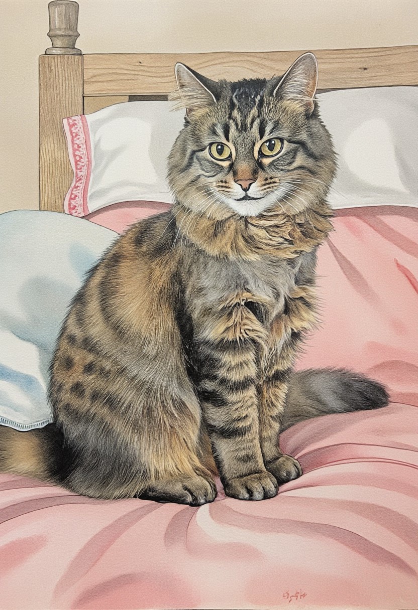 w1z_dreamy_vista style illustration. A retro-inspired illustration of a fluffy, medium-sized cat named Allie with a mottled coat featuring dark brown and black tabby stripes on a bed. The composition is rendered in a soft watercolor style, with delicate shading and warm, saturated hues, emphasizing a playful and nostalgic aesthetic. The fluid brushstrokes and light, airy textures create a sense of intimacy and carefree indulgence.