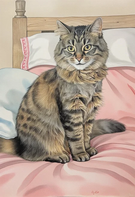 w1z_dreamy_vista style illustration. A retro-inspired illustration of a fluffy, medium-sized cat named Allie with a mottled coat featuring dark brown and black tabby stripes on a bed. The composition is rendered in a soft watercolor style, with delicate shading and warm, saturated hues, emphasizing a playful and nostalgic aesthetic. The fluid brushstrokes and light, airy textures create a sense of intimacy and carefree indulgence.