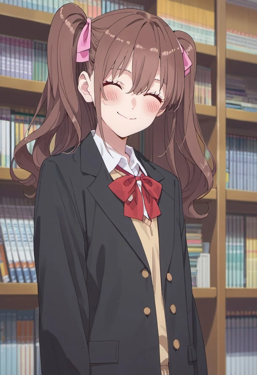 score_9, score_8_up, score_7_up, source_anime, tachibana mikari, long hair, brown hair, pink eyes, 1girl, closed eyes, solo, blush, twintails, ribbon, school uniform, bookshelf, hair ribbon, smile, bow, jacket