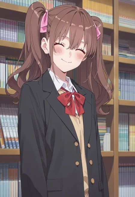 score_9, score_8_up, score_7_up, source_anime, tachibana mikari, long hair, brown hair, pink eyes, 1girl, closed eyes, solo, blush, twintails, ribbon, school uniform, bookshelf, hair ribbon, smile, bow, jacket