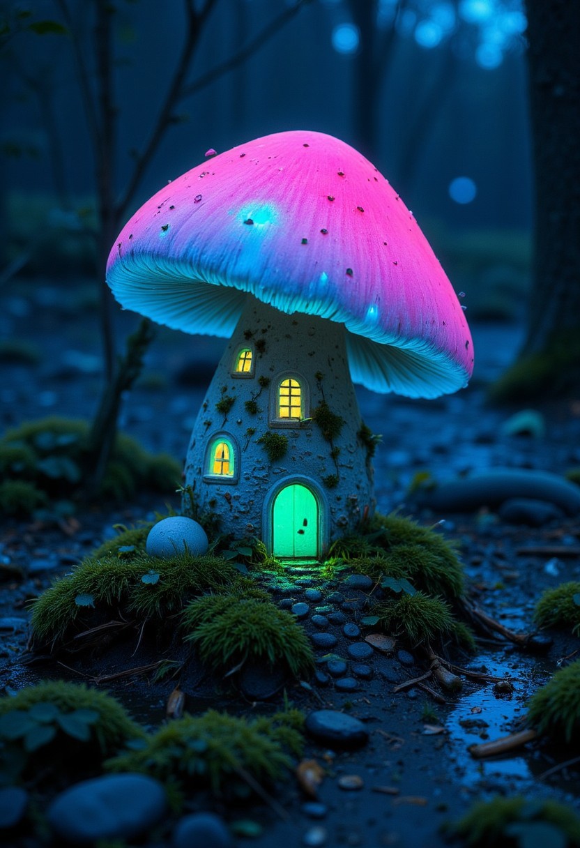 Neon mushroom House By night, standing on a moss overgrown old stone at a pond, with a luminous translucent blueish/pink wet cap and a small way Made of pebbles to the Front door
