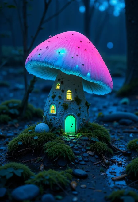 Neon mushroom House By night, standing on a moss overgrown old stone at a pond, with a luminous translucent blueish/pink wet cap and a small way Made of pebbles to the Front door