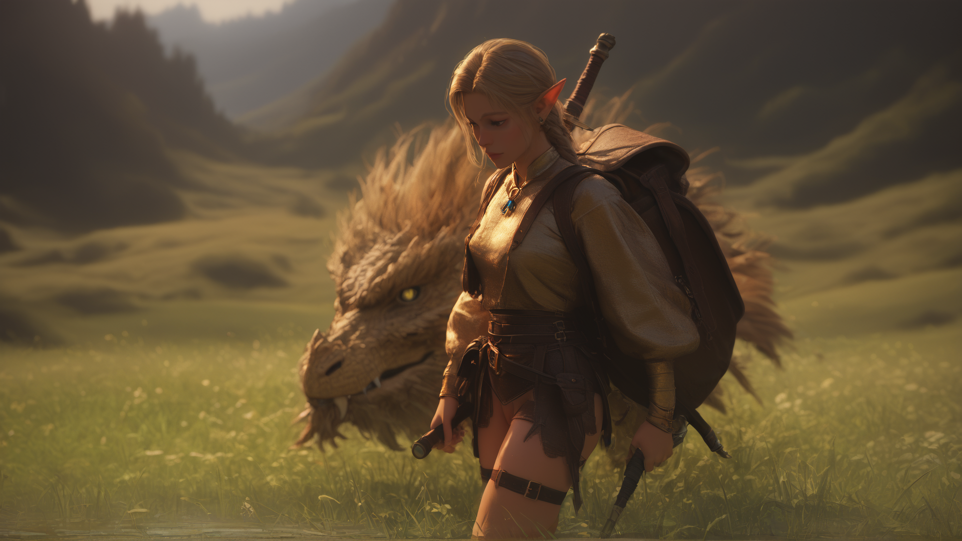 score_9, score_8_up, score_7_up,  score_6_up, source_anime, source_cartoon, rating_explicit, looking at camera,  cowboy shot,   1 elf girl, solo, sexy,  high on a hill ,  looking out over a valley in the background,   (Miniature gold dragon),  (small dragon following elf) , wearing rune etched  gold trimmed leather armor,  leather pouches and straps, backpack,  holding epic sword,  Kuvshinov_Ilya,   <lora:add-detail-xl:0.6>  <lora:incase-ilff-v3-4:0.4> ,  fFaceDetail, EyeDetail,thepit <lora:OMG-Is-DucHaiten_v1.0:.01>, Larry Elmore , Clyde Caldwell,  dungeons and dragons, <lora:Fant5yP0ny:0.01> <lora:DnD_Dragons:0.7> ,dnd_dragon,