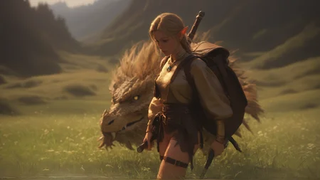score_9, score_8_up, score_7_up, score_6_up, source_anime, source_cartoon, rating_explicit, looking at camera, cowboy shot, 1 elf girl, solo, sexy, high on a hill , looking out over a valley in the background, (Miniature gold dragon), (small dragon following elf) , wearing rune etched gold trimmed leather armor, leather pouches and straps, backpack, holding epic sword, Kuvshinov_Ilya, <lora:add-detail-xl:0.6> <lora:incase-ilff-v3-4:0.4> , fFaceDetail, EyeDetail,thepit <lora:OMG-Is-DucHaiten_v1.0:.01>, Larry Elmore , Clyde Caldwell, dungeons and dragons, <lora:Fant5yP0ny:0.01> <lora:DnD_Dragons:0.7> ,dnd_dragon,