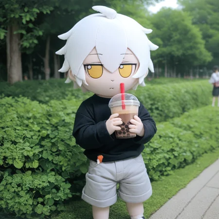 score_9_up, score_8_up, score_7_up, fumo, fumos, plushie, cute, toys, dolls, toy, fumo style, Fumo plush doll, fumo \(doll\), white hair, yellow eyes, park, holding, bubble tea, black sweater, gray shorts, 1boy, solo