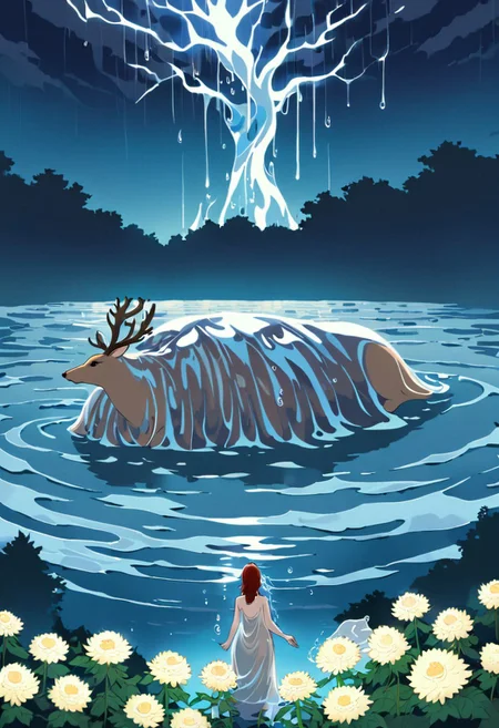 best quality, high resolution, 8k aesthetic, 
out of the sun rainstorm sunshine, 
A sea of ​​chrysanthemums. A girl wearing a blue lower body, beautiful eyes and stunning red lips. trees with white leaves rest in the background. the cloudy sky breaking to reveal the blue moon. rain is pouring across the landscape as heavy wind blows the white flowers that flood the ground. lightning strikes in the background directly  hyper realistic. Epic scene like a dream. Leaves are fluttering around the women. The flute letting out small musical notes that wrap around the female. The world is majestic with wildlife showing up to listen. Deer laying near by watching and listening to the female. As she stands on a river her dress made of beautifully detailed water. Bunnies rest by the river watching her. Beautiful masterpiece of art.. beautiful contrast of the light along the water which has an incredible reflection.tiptoeing. dress made of water on the female. high aspect ratio. beautiful composition. detailed textures.