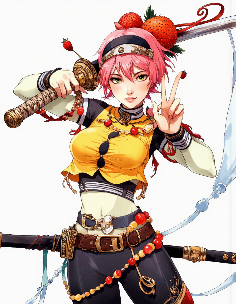 Art by Alessandro Barbucci. A vibrant and colorful digital illustration shoot from a frontal camera angle about a character with a playful and confident pose, holding a katana and striking a peace sign while wearing a yellow and black outfit adorned with fruit-themed accessories and a fruit necklace. on the middle of the image, a woman with pale skin, short pink hair, and green eyes, who appears to be in her early twenties, is standing in a dynamic pose, facing the viewer and looking directly at them with a confident expression. she has a slim body, large breasts, and is wearing a black headband and a yellow top with black accents, along with a black skirt and a black belt with a gold buckle. her hair is styled in a short hair style, and she is wearing earrings. she is holding a large sword in her right hand, which is wrapped around her right arm, and a large, ripe strawberry is placed on her shoulder. the background is a plain white, which helps to focus attention on the character's dynamic pose and vibrant colors.