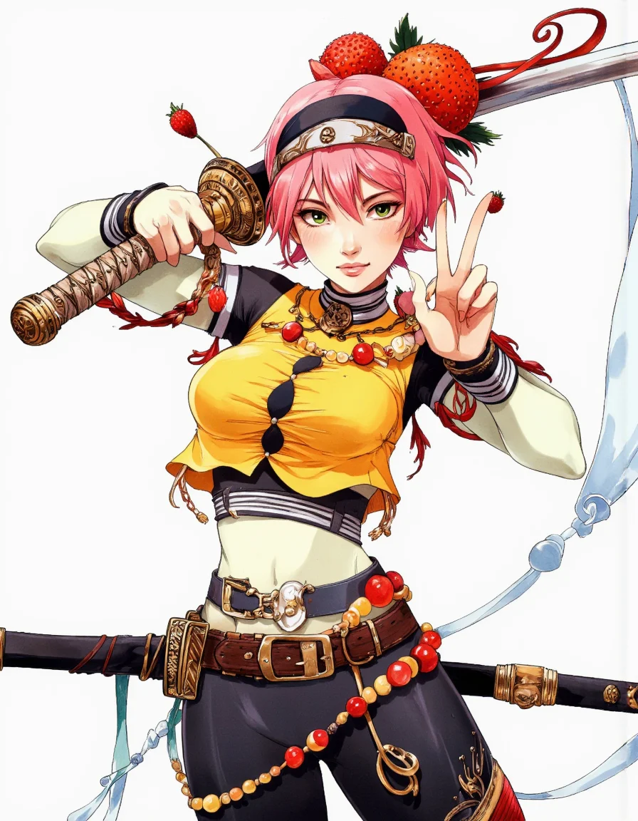 Art by Alessandro Barbucci. A vibrant and colorful digital illustration shoot from a frontal camera angle about a character with a playful and confident pose, holding a katana and striking a peace sign while wearing a yellow and black outfit adorned with fruit-themed accessories and a fruit necklace. on the middle of the image, a woman with pale skin, short pink hair, and green eyes, who appears to be in her early twenties, is standing in a dynamic pose, facing the viewer and looking directly at them with a confident expression. she has a slim body, large breasts, and is wearing a black headband and a yellow top with black accents, along with a black skirt and a black belt with a gold buckle. her hair is styled in a short hair style, and she is wearing earrings. she is holding a large sword in her right hand, which is wrapped around her right arm, and a large, ripe strawberry is placed on her shoulder. the background is a plain white, which helps to focus attention on the character's dynamic pose and vibrant colors.