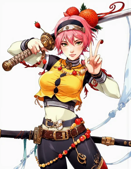 Art by Alessandro Barbucci. A vibrant and colorful digital illustration shoot from a frontal camera angle about a character with a playful and confident pose, holding a katana and striking a peace sign while wearing a yellow and black outfit adorned with fruit-themed accessories and a fruit necklace. on the middle of the image, a woman with pale skin, short pink hair, and green eyes, who appears to be in her early twenties, is standing in a dynamic pose, facing the viewer and looking directly at them with a confident expression. she has a slim body, large breasts, and is wearing a black headband and a yellow top with black accents, along with a black skirt and a black belt with a gold buckle. her hair is styled in a short hair style, and she is wearing earrings. she is holding a large sword in her right hand, which is wrapped around her right arm, and a large, ripe strawberry is placed on her shoulder. the background is a plain white, which helps to focus attention on the character's dynamic pose and vibrant colors.