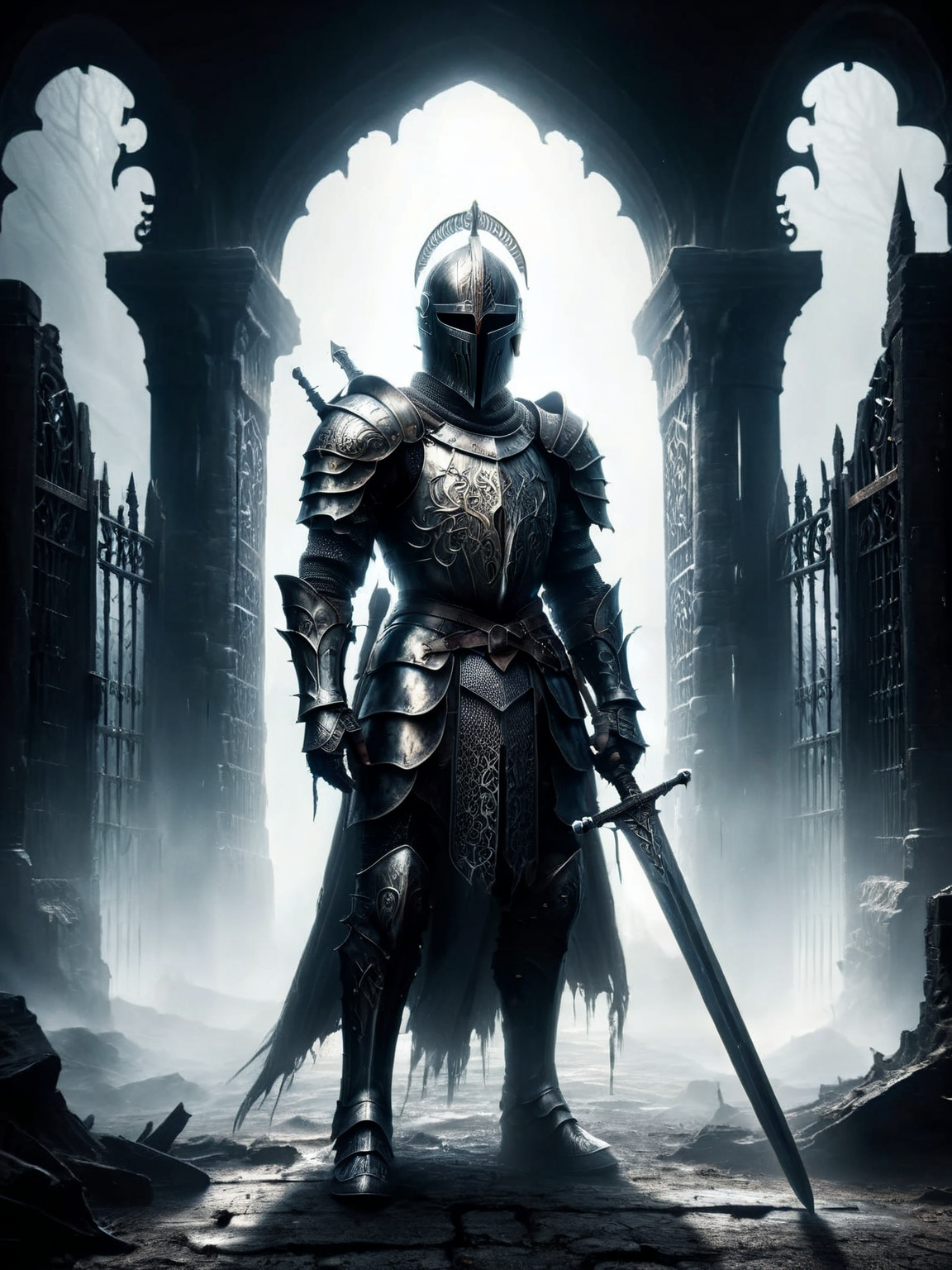 A ais-crsd knight in tarnished armor standing before a massive, foreboding gate, his sword drawn and eyes filled with resolve. <lora:ais-crsd-sdxl:1>