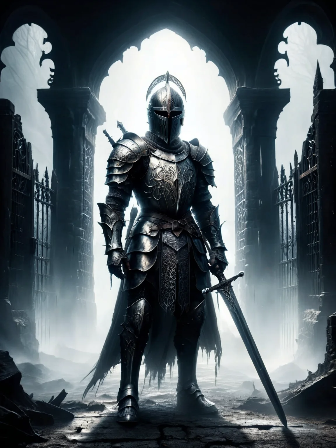 A ais-crsd knight in tarnished armor standing before a massive, foreboding gate, his sword drawn and eyes filled with resolve. <lora:ais-crsd-sdxl:1>