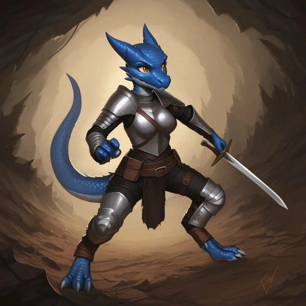 Realistic, 1girl, solo, full body, profile, in a cave, blue Kobold, furry dragon, tail, short stature, short, medium breasts, scales, scaly skin, knight armor, road sword, leather utility belt, bracelets, anklets, cute face, pale blue skin, fighting stance, worried look on face