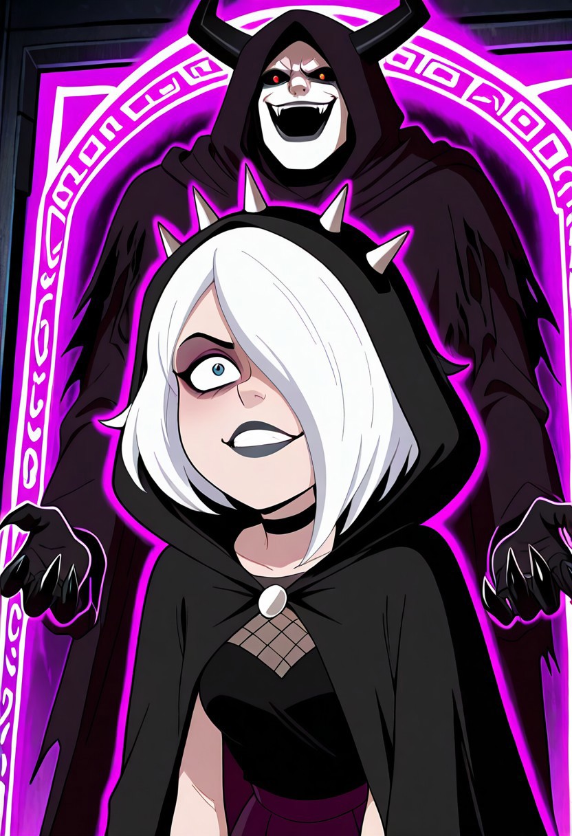 ((screencap, cartoon)) , masterpiece, best quality, amazing quality, very aesthetic, absurdres, newest,
charmreb, 1girl, white hair, short hair, spiked hairband, black choker, makeup, hair over one eye, eyeshadow, black lips, 
black cloak, black claws, black sclera, evil smile,, demon horns, black horns, torn cloak, torn clothes, summoning demon, power pose, opening portal, cult, fishnets, hood up