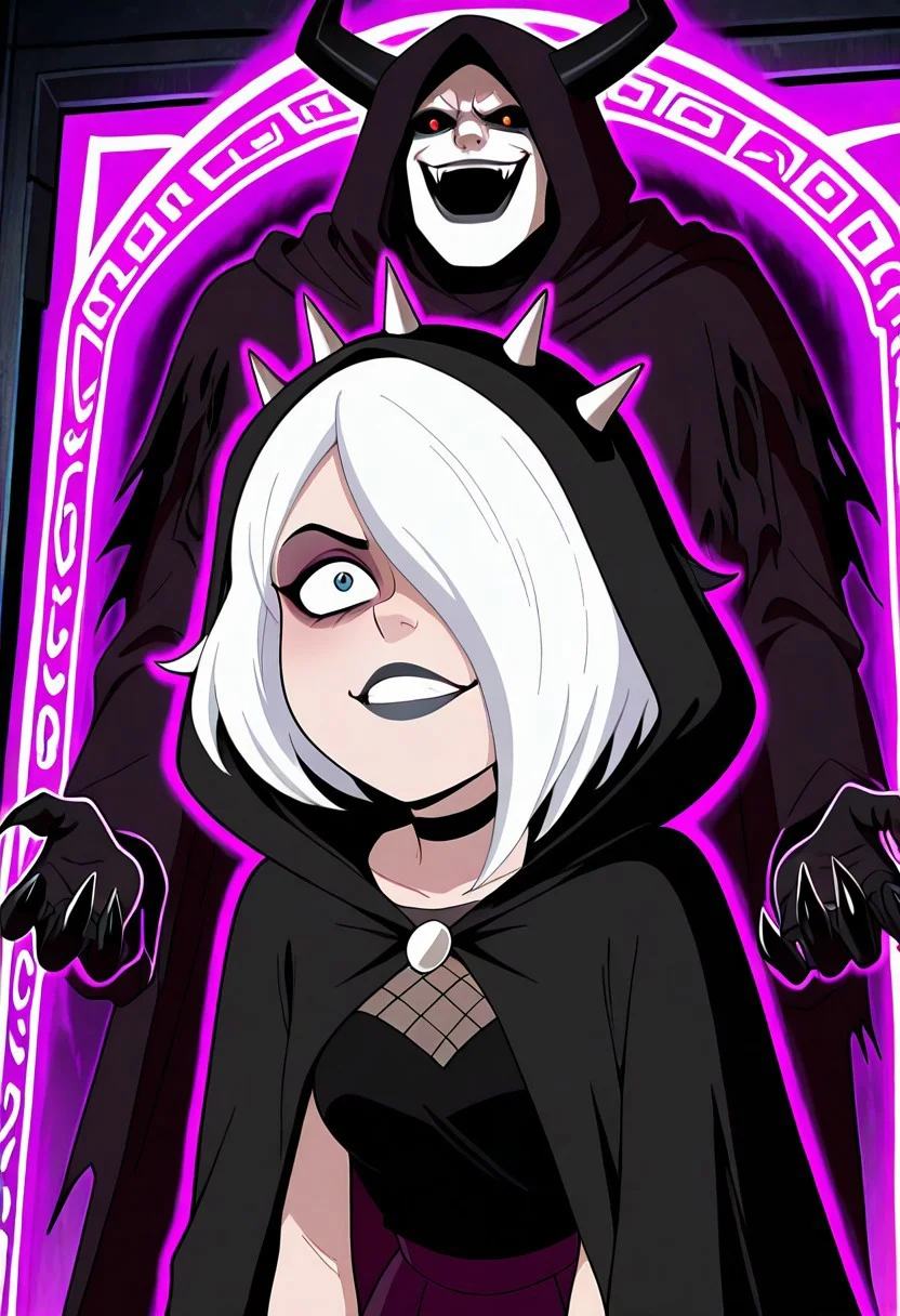 ((screencap, cartoon)) , masterpiece, best quality, amazing quality, very aesthetic, absurdres, newest,
charmreb, 1girl, white hair, short hair, spiked hairband, black choker, makeup, hair over one eye, eyeshadow, black lips,
black cloak, black claws, black sclera, evil smile,, demon horns, black horns, torn cloak, torn clothes, summoning demon, power pose, opening portal, cult, fishnets, hood up