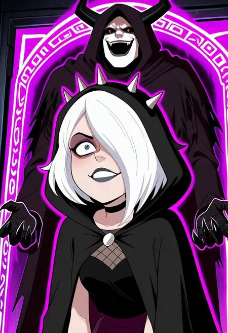 ((screencap, cartoon)) , masterpiece, best quality, amazing quality, very aesthetic, absurdres, newest,
charmreb, 1girl, white hair, short hair, spiked hairband, black choker, makeup, hair over one eye, eyeshadow, black lips,
black cloak, black claws, black sclera, evil smile,, demon horns, black horns, torn cloak, torn clothes, summoning demon, power pose, opening portal, cult, fishnets, hood up