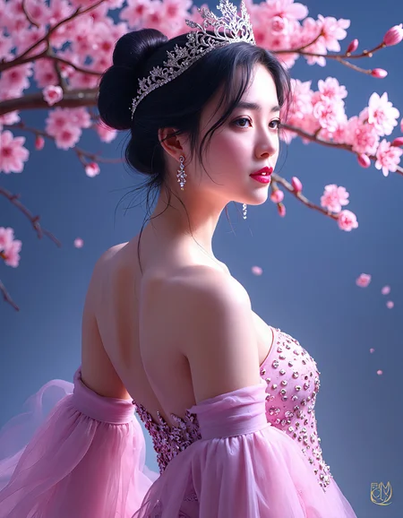 A detailed painting by Yang J, cgsociety competition winner, serial art, opening scene, cover illustration
A portrait of a woman. The brushstrokes are fluid and expressive, creating a sense of movement and depth. The overall effect is one of ethereal beauty, capturing moments of vulnerability and strength.
Asian young woman
Fantasy princess, ethereal gown, sparkling crystals, cherry blossoms, night sky, backless dress, intricate hairstyle, tiara, romantic lighting, soft glow, dreamy atmosphere, delicate jewelry, graceful pose, digital painting, highly detailed, cinematic lighting, fairytale aesthetic, magical realism, elegant composition, Midjourney_Whisper, Beauty, Beauty