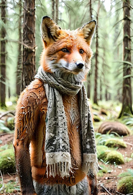 a handsome fox wearing a 1c3_w1n73r scarf thats way too long, 
highly-detailed, hyper-realistic, 8k RAW Editorial Photo. detailed forest background,