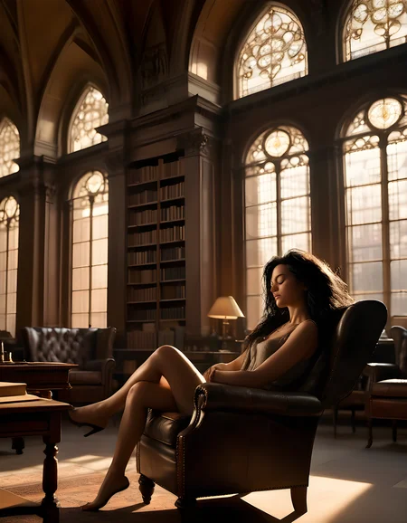 In the heart of a grand, sunlit library, a solitary woman named A54TY4S is captured in a poignant moment. Her long, messy black hair cascades over her shoulders as she leans back in an aged leather armchair, eyes closed, lost in thought. The warm light filtering through the tall windows highlights her intricate jewelry and the subtle messiness of her hair. Behind her, shelves filled with ancient books stretch towards the vaulted ceiling, creating a serene and intellectual atmosphere that underscores her introspective mood. The camera angle is slightly elevated, allowing for an intimate view of this contemplative scene while still revealing the grandeur of the library's interior.
