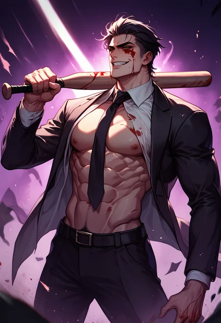 score_9, score_8_up, score_7_up, 2boys, neon purple background, manly, slick back hair, formal suit, black neck tie, mob boss, open clothes, bloody, muscular, abs, pectorals, muscular male, holding a baseball bat, evil smile, blood, action scene, battle scene, chaos, gritty,
blurry background, dof, dark lighting, fill light soft shadows lighting, motion blur,
epic, dramatic,
<lora:luv-000009:0.8><lora:DetailedEyes_V3:0.2><lora:add-detail-xl:0.2>   <lora:GRIM_v1:0.4>
