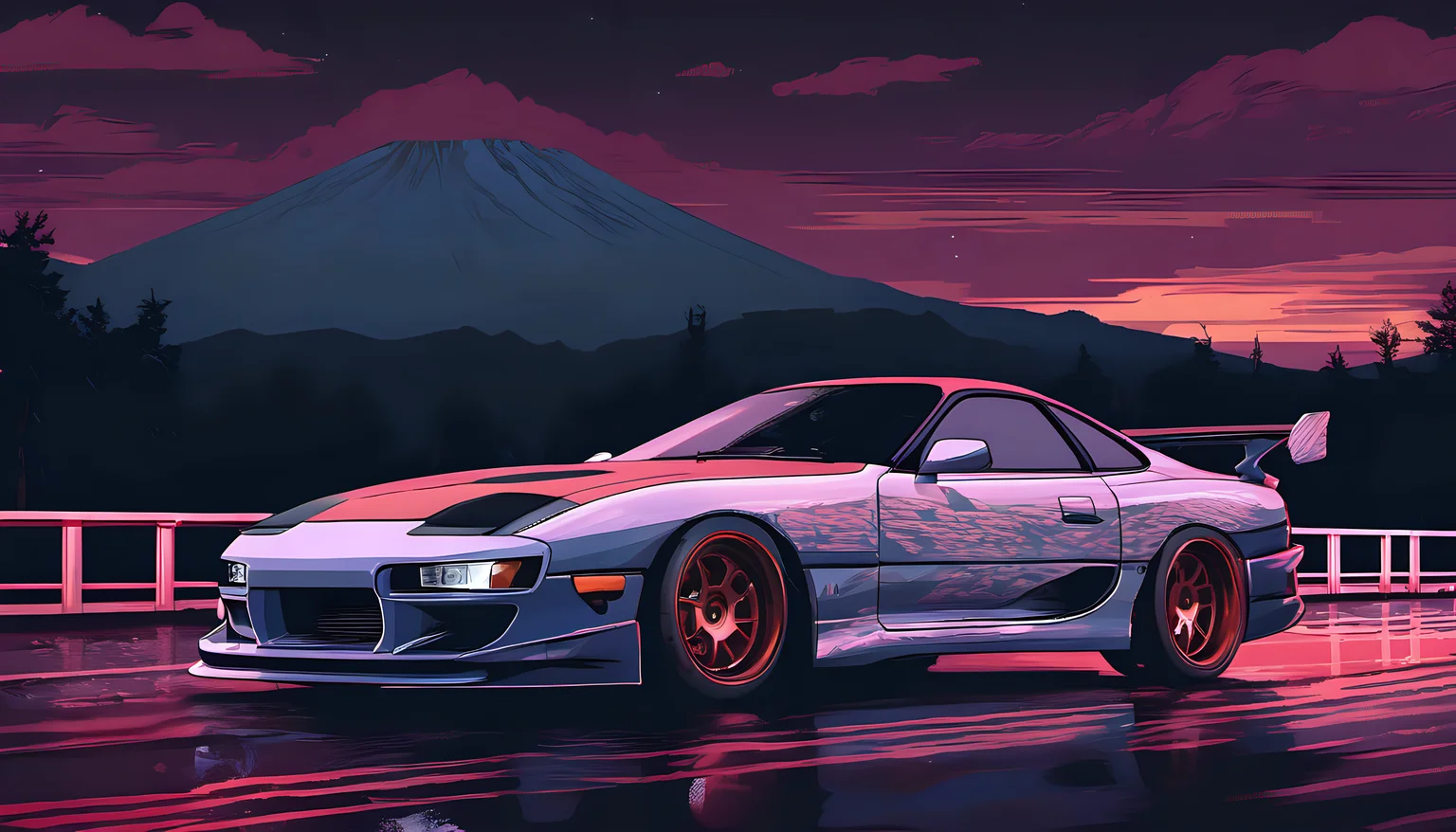 toyota supra, pixel style, japanese, jdm, mountain roads, night time, raining, low light, headlights Tōge, touge (8k, RAW photo, best quality, masterpiece:1.2), trending on artstation, videogame art,