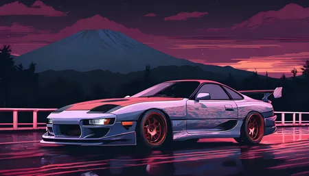 toyota supra, pixel style, japanese, jdm, mountain roads, night time, raining, low light, headlights Tōge, touge (8k, RAW photo, best quality, masterpiece:1.2), trending on artstation, videogame art,