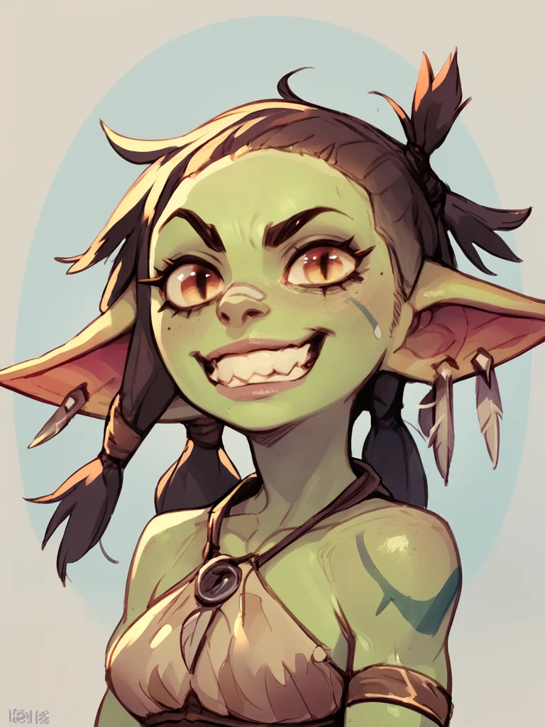 goblin, 1girl, green skin, earrings <lora:Goblin-000011:1>, grin, tribal,, score_9, score_8_up, score_7_up, score_6_up, score_5_up, score_4_up, BREAK
