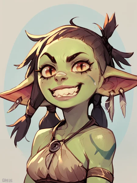 goblin, 1girl, green skin, earrings <lora:Goblin-000011:1>, grin, tribal,, score_9, score_8_up, score_7_up, score_6_up, score_5_up, score_4_up, BREAK