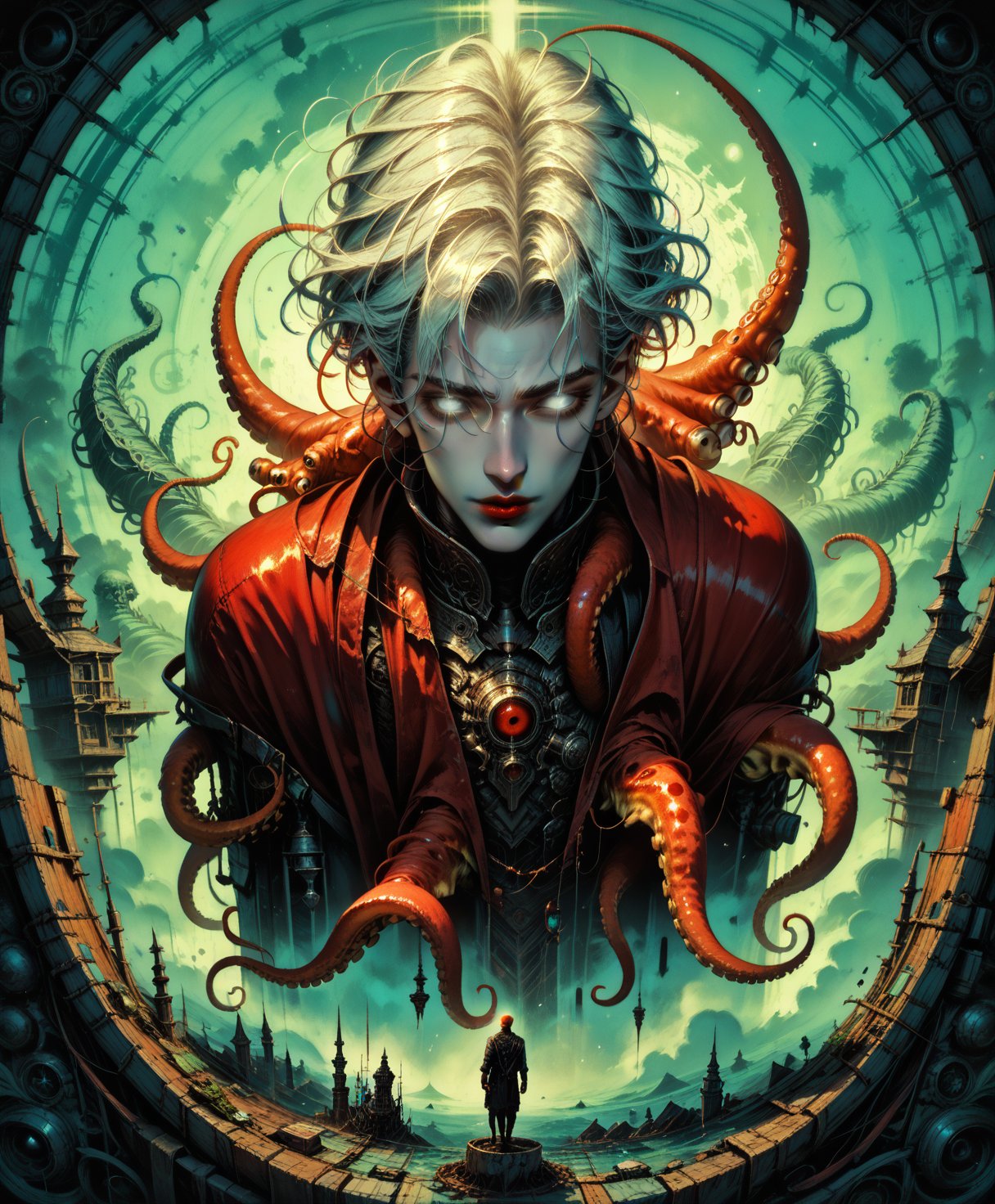 (score_9, score_8_up, score_7_up, fantasy portrait, 1boy, male focus, mist, dutch angle, correct anatomy, above angle, pale skin, white hair, full-length, hidden eyes, his eyes in shadow, glowing eyes, white eyes, chaotic, ethereal setting, fantasy background, red lips, <lora:octopus_v0.2-pony:0.8> octopus, <lora:GRIM_v1:0.5> limited palette, <lora:Dorohedoro_Style:0.3> drhdr_style, <lora:add-detail-xl:0.8> all, Lovecraft, masterpiece, best quality, absurdres, newest, perfect quality, detailed background, intricate details,