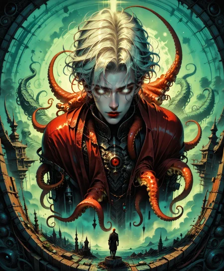 (score_9, score_8_up, score_7_up, fantasy portrait, 1boy, male focus, mist, dutch angle, correct anatomy, above angle, pale skin, white hair, full-length, hidden eyes, his eyes in shadow, glowing eyes, white eyes, chaotic, ethereal setting, fantasy background, red lips, <lora:octopus_v0.2-pony:0.8> octopus, <lora:GRIM_v1:0.5> limited palette, <lora:Dorohedoro_Style:0.3> drhdr_style, <lora:add-detail-xl:0.8> all, Lovecraft, masterpiece, best quality, absurdres, newest, perfect quality, detailed background, intricate details,