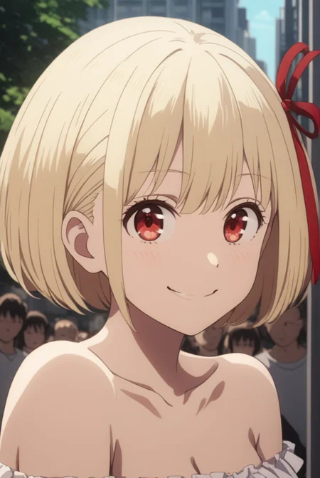 masterpiece, best quality, highres, 4k, 8k, intricate detail, cinematic lighting, amazing quality, amazing shading, soft lighting, Detailed Illustration, anime style,
chisatonishikigi, <lora:chisato-nishikigi-s1-sdxl-lora-nochekaiser:0.75>,
chisato nishikigi, short hair, bangs, blonde hair, red eyes, hair ribbon, one side up, bob cut, smile,
shirt, bare shoulders, twintails, collarbone, hair ribbon, white shirt, frills, off shoulder, red ribbon, short twintails, off-shoulder shirt, frilled shirt,
outdoors, cityscape, crowd, people,
looking at viewer, full body,