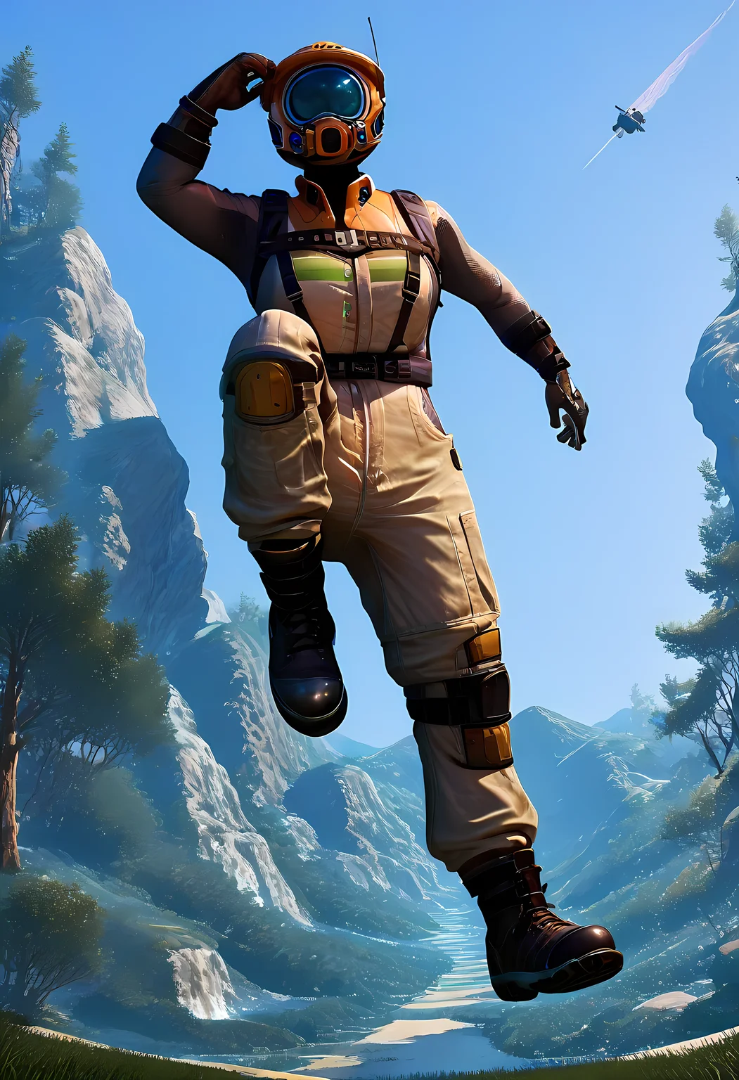score_9, score_up_8, score_up_7, score_up_6, pioneer, worker suit, worker jumping in the air, <lora:Satisfactory_pioneer_suit:0.8>, industrial background, industrial planet background, <lora:DynamicPose_alpha1.0_rank4_noxattn_100steps:1> Foreshortening, dynamic pose, super-wide angle shot, extreme perspective, <lora:zy_Detailed_Backgrounds_v1:1> scenery, tree, outdoors, cloud