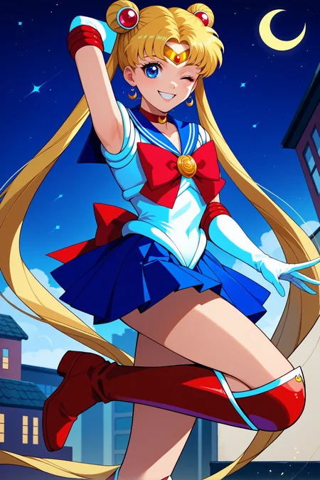 score_9, score_8_up, score_7_up, score_6_up, source_anime, 1girl, solo, <lora:sailormoon-pdxl-nvwls-v1_1-000005:1> slrmn, twintails, double bun, blonde hair, very long hair, blue eyes, parted bangs, hair ornament, crescent earrings, red choker, blue sailor collar, red bowtie, brooch, white leotard, white shirt, sleeveless, blue skirt, white gloves, elbow gloves, red boots, magical girl, wink, smile, standing on one leg, happy, arm up, night sky, rooftop