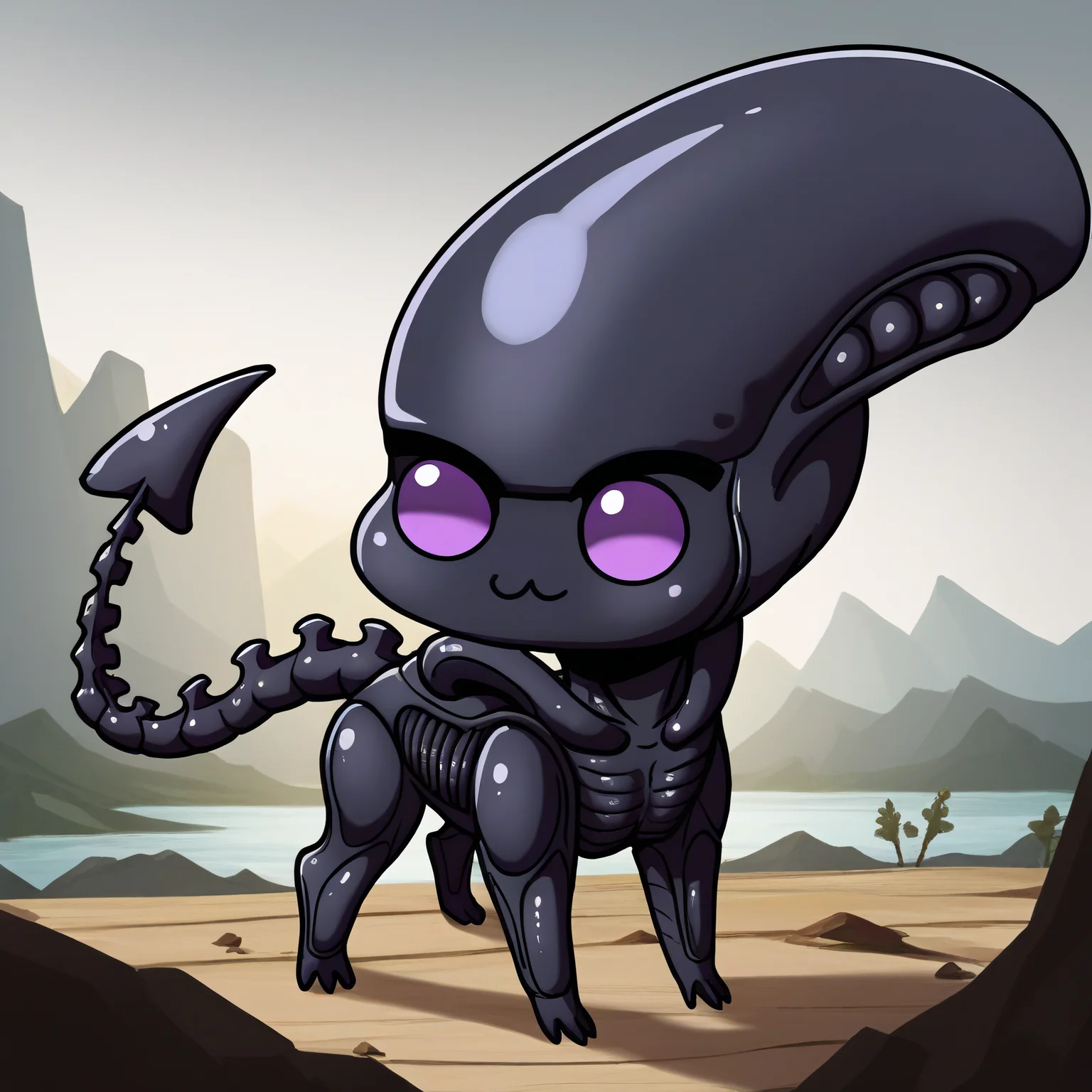 <lora:Doro_X_PDXL_V1:1> score_9 BREAK source_cartoon, creature, chibi, :3, four legs, xenomorph, purple eyes, scenery, science fiction landscape