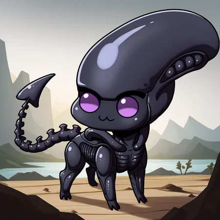 <lora:Doro_X_PDXL_V1:1> score_9 BREAK source_cartoon, creature, chibi, :3, four legs, xenomorph, purple eyes, scenery, science fiction landscape
