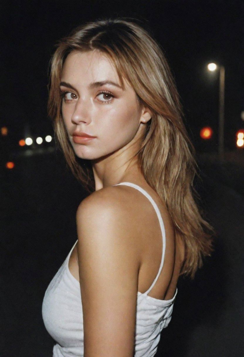 Analogic Portrait Photo a portrait 80s, and hyperdetailed photography, a woman 21-25 years old in street of city,night time,  dark blonde hair, suspiria, hiperdetailed 80s clothes and hair,  makeup 80s,  background,squat pose,yearbook shot, perfil , granulate