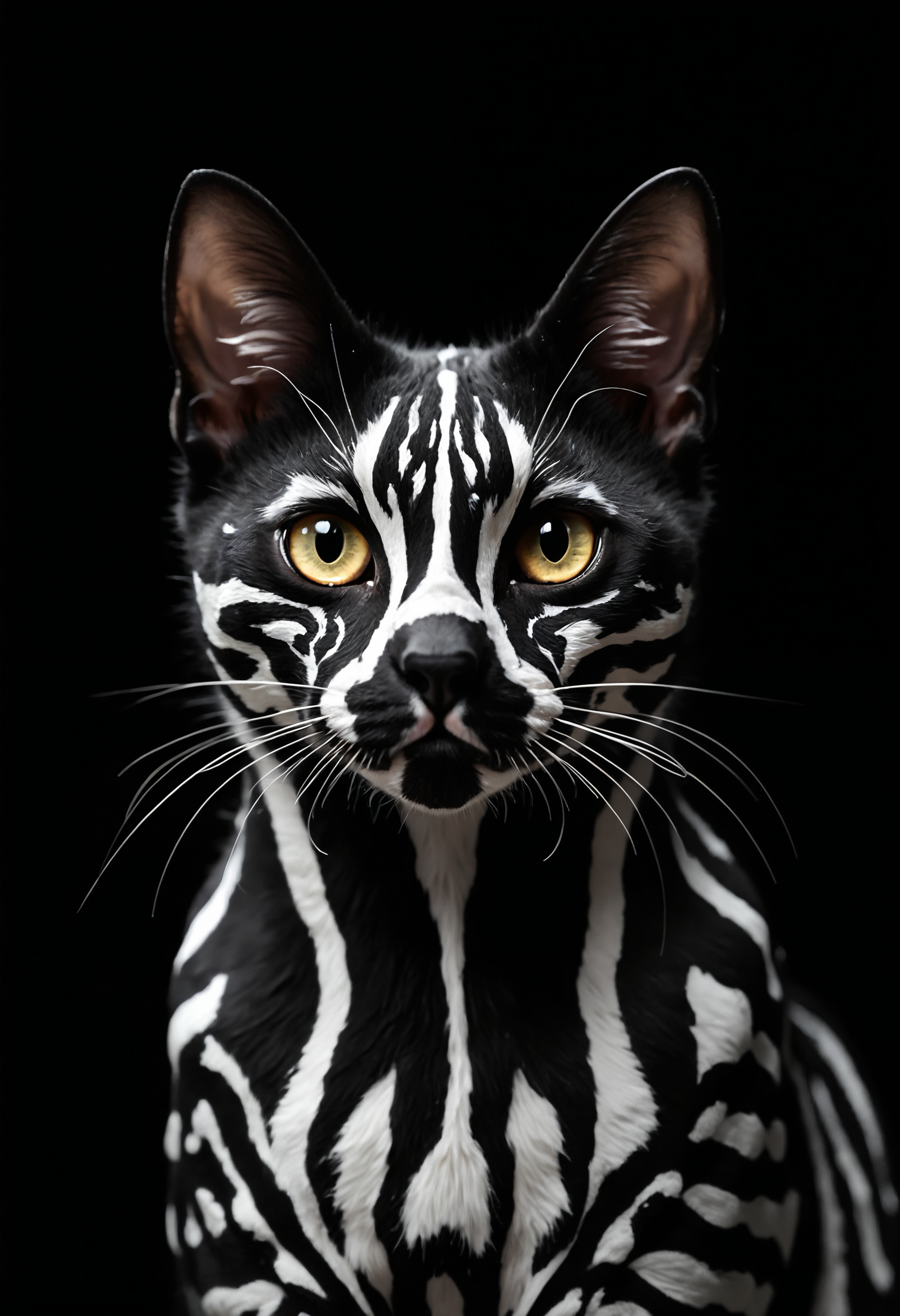 Hyperrealistic close-up portrait of a domestic shorthair cat with striking, artificially painted geometric patterns. The cat's face and upper body are covered in bold, precise white stripes and shapes against its natural black fur, creating a mesmerizing optical illusion. The pattern features straight lines, right angles, and symmetrical designs reminiscent of tribal or futuristic art.
The cat's piercing, almond-shaped eyes stand out against the black and white contrast, conveying a sense of mystery and quiet intensity. Its ears are perked forward, alert and attentive. The cat's small, pink nose is perfectly centered, providing a subtle touch of color amidst the monochrome design.
Shot against a pure black background, the lighting is dramatic and high-contrast, emphasizing the stark black and white patterns. The illumination highlights the sleek texture of the cat's short fur and the reflective quality of its eyes.
Every detail is captured with precision: individual whiskers, the subtle variations in the cat's skin texture, and the crisp edges of the painted patterns. The image is composed as a head and shoulder shot, filling the frame with the feline's uniquely adorned face and upper body.
The overall effect is a striking blend of feline grace and artificial design, creating an image that is both elegant and surreal, captured with the clarity and depth of a high-end fashion or wildlife photograph. The cat's inherent air of mystery is amplified by the enigmatic geometric patterns, resulting in a visually arresting portrait.
