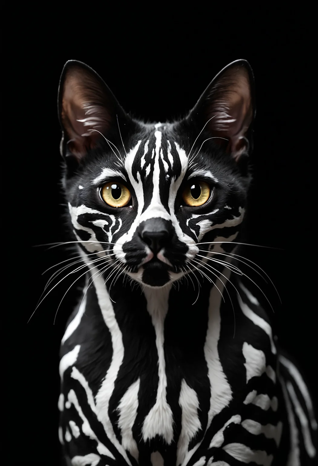 Hyperrealistic close-up portrait of a domestic shorthair cat with striking, artificially painted geometric patterns. The cat's face and upper body are covered in bold, precise white stripes and shapes against its natural black fur, creating a mesmerizing optical illusion. The pattern features straight lines, right angles, and symmetrical designs reminiscent of tribal or futuristic art.
The cat's piercing, almond-shaped eyes stand out against the black and white contrast, conveying a sense of mystery and quiet intensity. Its ears are perked forward, alert and attentive. The cat's small, pink nose is perfectly centered, providing a subtle touch of color amidst the monochrome design.
Shot against a pure black background, the lighting is dramatic and high-contrast, emphasizing the stark black and white patterns. The illumination highlights the sleek texture of the cat's short fur and the reflective quality of its eyes.
Every detail is captured with precision: individual whiskers, the subtle variations in the cat's skin texture, and the crisp edges of the painted patterns. The image is composed as a head and shoulder shot, filling the frame with the feline's uniquely adorned face and upper body.
The overall effect is a striking blend of feline grace and artificial design, creating an image that is both elegant and surreal, captured with the clarity and depth of a high-end fashion or wildlife photograph. The cat's inherent air of mystery is amplified by the enigmatic geometric patterns, resulting in a visually arresting portrait.