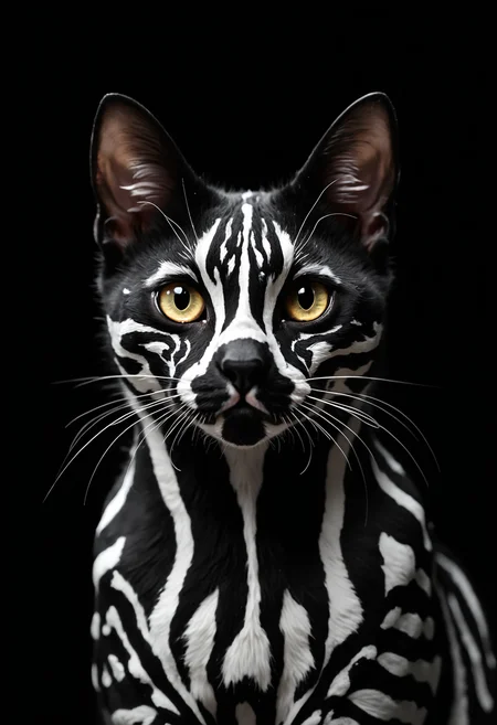 Hyperrealistic close-up portrait of a domestic shorthair cat with striking, artificially painted geometric patterns. The cat's face and upper body are covered in bold, precise white stripes and shapes against its natural black fur, creating a mesmerizing optical illusion. The pattern features straight lines, right angles, and symmetrical designs reminiscent of tribal or futuristic art.
The cat's piercing, almond-shaped eyes stand out against the black and white contrast, conveying a sense of mystery and quiet intensity. Its ears are perked forward, alert and attentive. The cat's small, pink nose is perfectly centered, providing a subtle touch of color amidst the monochrome design.
Shot against a pure black background, the lighting is dramatic and high-contrast, emphasizing the stark black and white patterns. The illumination highlights the sleek texture of the cat's short fur and the reflective quality of its eyes.
Every detail is captured with precision: individual whiskers, the subtle variations in the cat's skin texture, and the crisp edges of the painted patterns. The image is composed as a head and shoulder shot, filling the frame with the feline's uniquely adorned face and upper body.
The overall effect is a striking blend of feline grace and artificial design, creating an image that is both elegant and surreal, captured with the clarity and depth of a high-end fashion or wildlife photograph. The cat's inherent air of mystery is amplified by the enigmatic geometric patterns, resulting in a visually arresting portrait.