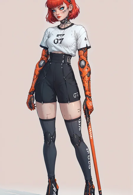 score_9,score_8_up,score_7_up,score_6_up,score_5_up,score_4_up,1 girl,solo,female focus,looking at the spectator,(5'5" 115 lbs, 34C, athletic build, toned legs, small waist, perky breasts, drop-shaped breasts, symmetrical breasts, bright smile, piercing blue eyes, Page Red hair color, petite nose, golden skin:1.3),(Oversized t-shirt in burnt orange with black geometric print, black fishnet stockings, high heels and platforms in glossy black patent leather, intricate lace-up design on the heels, t-shirt made of soft, premium fabric, stockings with reinforced toes for durability, edgy and modern, combining bold graphics with sleek elements, perfect for a standout urban look.:1.3),(plain contrasting background:1.3),(full-length:1.5),hands,Perfect hand,Perfect feet,Perfect eyes,cyb0rg,science fiction,cable,mechanical parts,<lora:feet v3:1>,<lora:hand 4:1>,<lora:PerfectEyesXL:1>,zPDXL2,zPDXLpg,<lora:cyb0rgXLP:0.8>,<lora:add-detail-xl:1>,<lora:DP-Pony:1>,p33rs,<lora:incase-ilff-v3-4:0.2>,