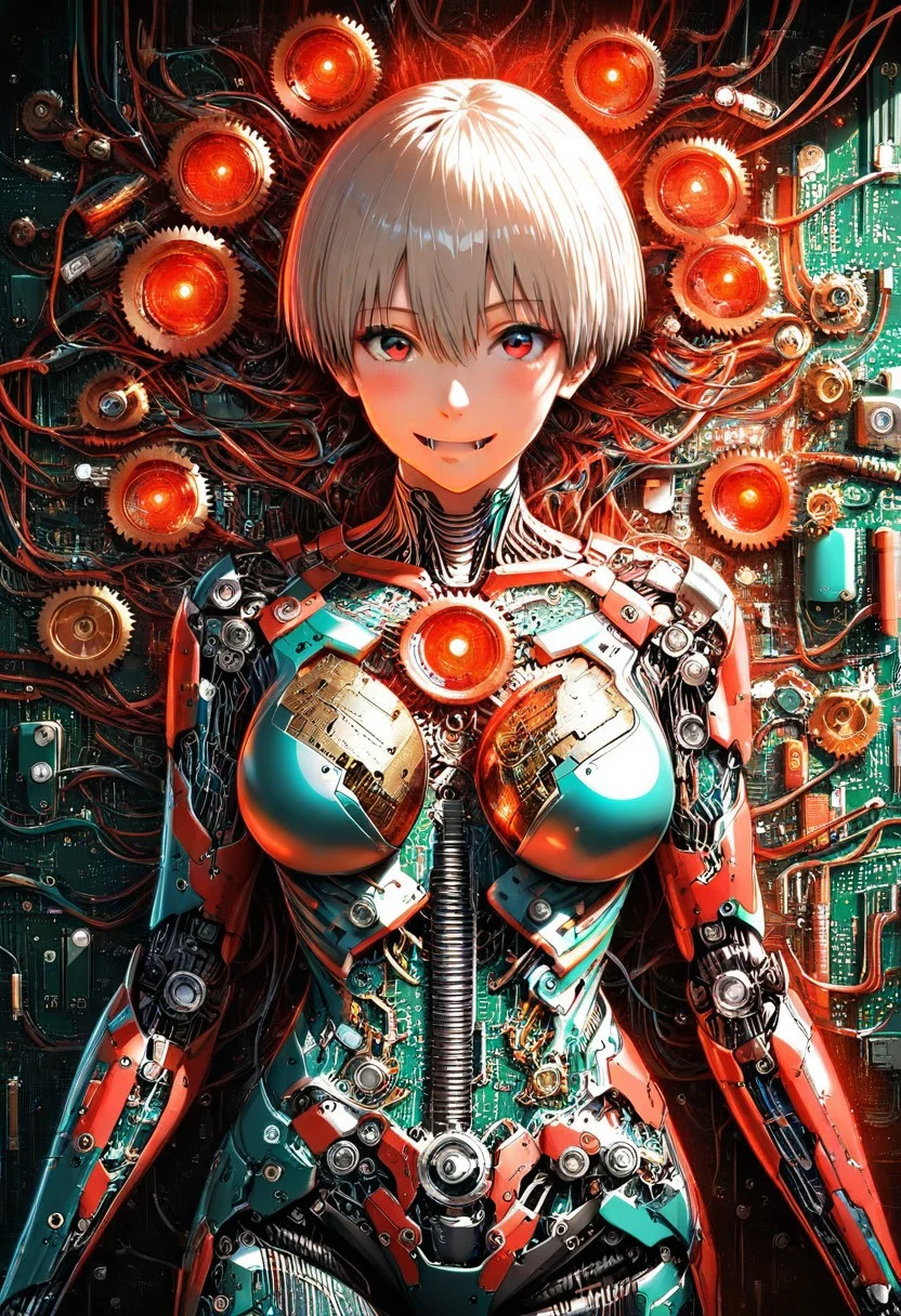 best quality, masterpiece, 8k, ultra detailed, intricate detail, realistic photography, digital painting art style, intricate details, ultra sharp, exquisite detail, vivid colors, exciting background,
rating_safe, sfw,
BREAK,
1girl, solo, uzaki hana from uzaki-chan, fang,
cybernetic body, glowing skin, led lights on body,
gears in stomach, gear box in body, circuit board in body, circuit on skin,
tilt head, looking at viewer,
green, circuit board,
green circuit board room, circuit board background,
red lights, emergency red lights, blink,